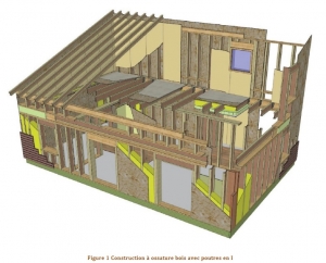 Plan de coupe : construction à ossature bois avec poutres en I, exemple d'une maison individuelle 