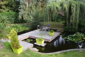 Terrasse bois sur un plan d'eau intégré dans un jardin d'une maison particulière