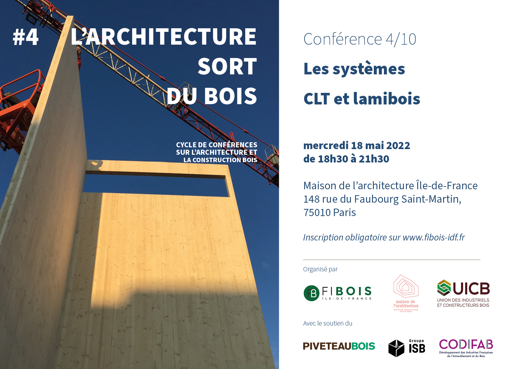 Affiche de la 4ème conférence du cycle "L'architecture sort du bois" dédiée aux systèmes CLT et laminoirs (LVL)